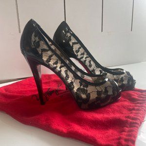 Christian Louboutin Black Lace & Patent Leather Ambro Peep Toe Platform 37.5
